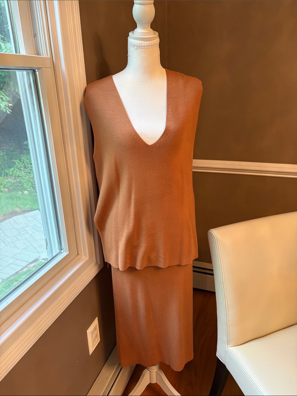 Tan/ Brown Knit V-Neck Sweater and Skirt Set